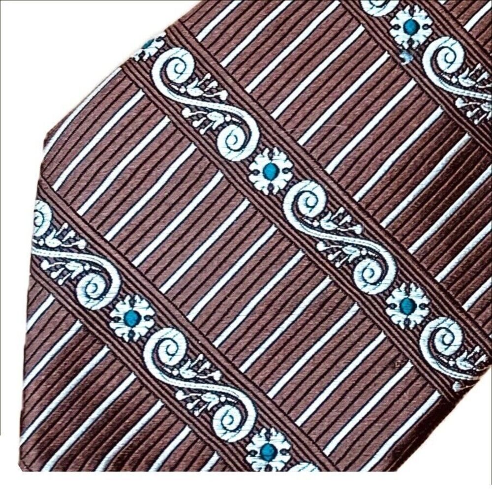 Pierre Cardin Silk Tie Brown Beige Green Scroll Stripe Geometric Print Necktie
